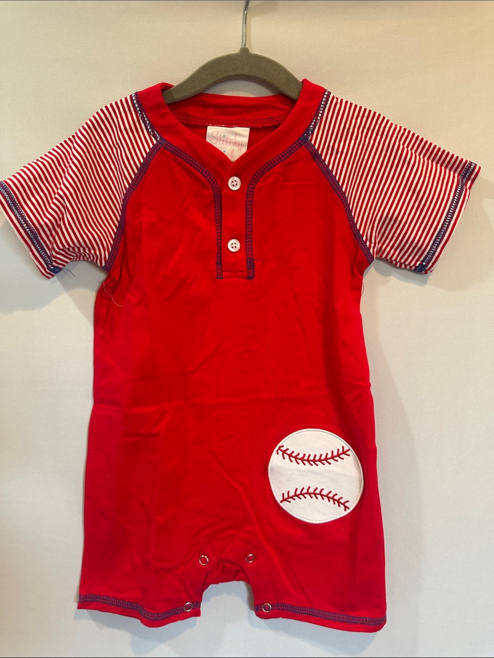 Red Baseball-Themed Short Sleeve One-Piece for Kids